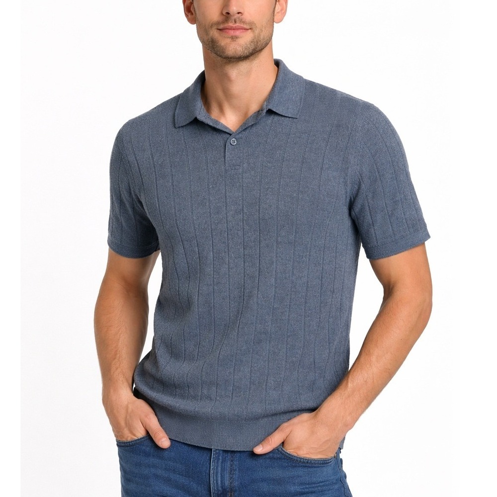 BR Ribbed Knit Polo Top Blue Short Sleeve Minimalist Quiet Luxury‎ Size M